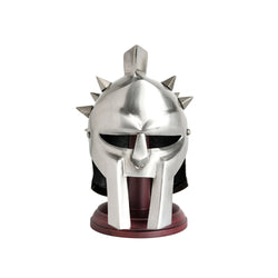 Miniature silver roman gladiator helmet displayed on a stand