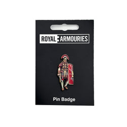 Pin badge of a warrior on a black card with 'Royal Armouries' branding