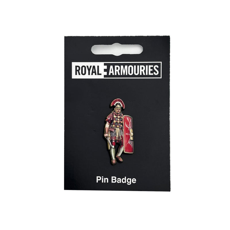 Pin badge of a warrior on a black card with 'Royal Armouries' branding