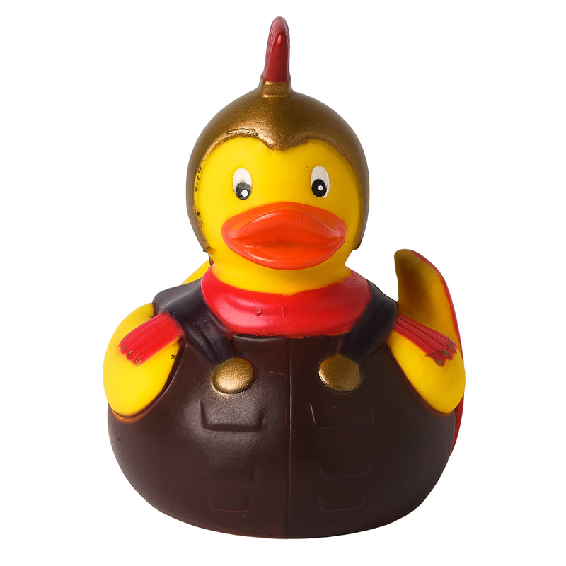 Yellow Rubber duck dressed like a roman soldier front