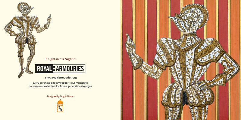 red orange and yellow stripes with knight in armour detail blank inside greetings card
