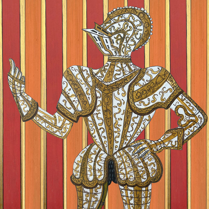 orange gold and red stripes with knight in suit of armour.