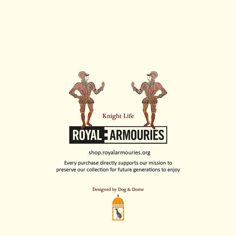 back of greetings card showing Royal Armouries logo and two knights in armour