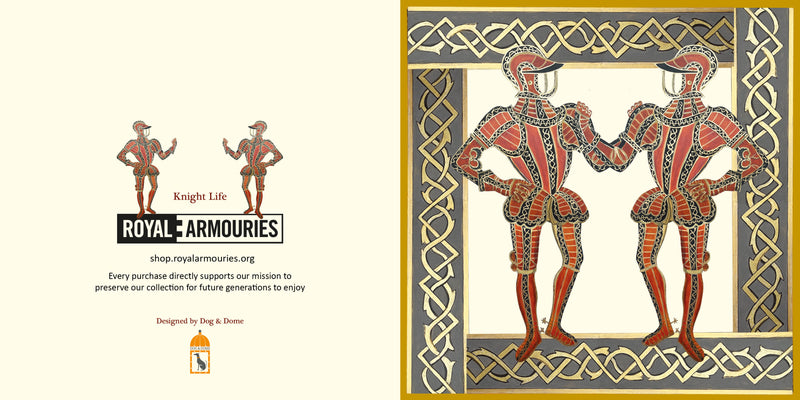 detail of front and back of greetings card showing two knights in red and black armour