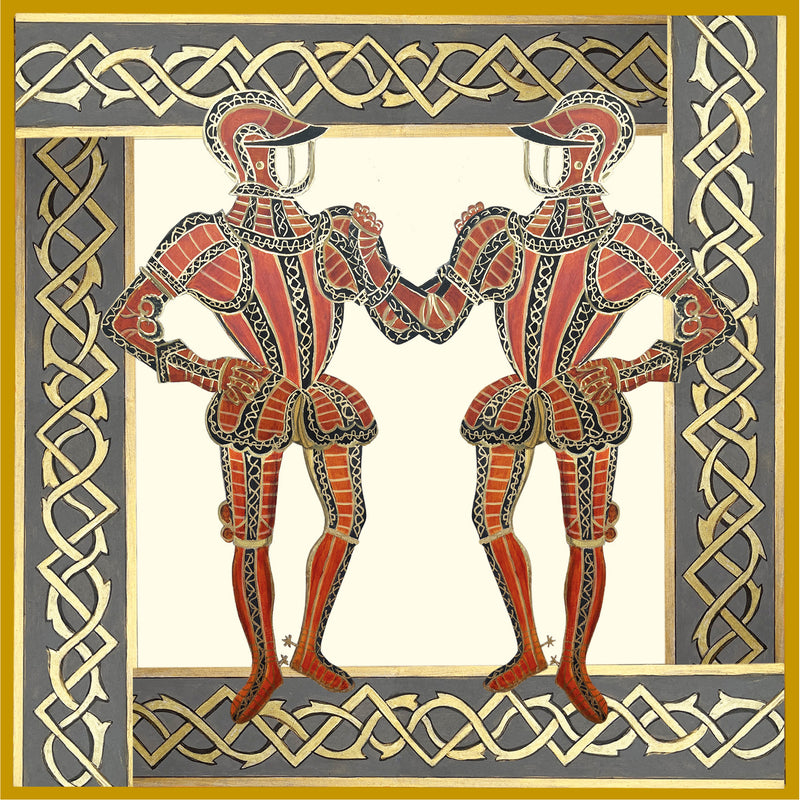 front of greetings card showing two knights in red and black armour