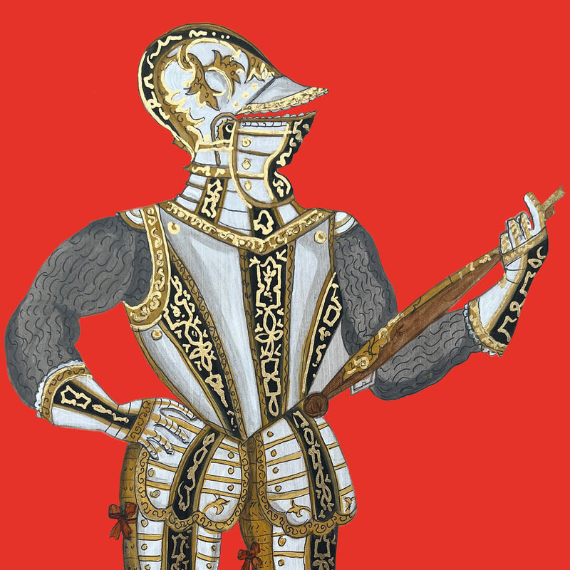 front of greetings card. red background with knight in fancy armour 