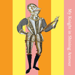 orange yellow and pink stripes with knight and words My knight in shining armour on front