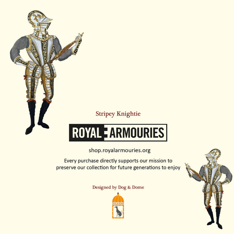 Back of greetigns card featuring Royal Armouries Logo and two knights in armour