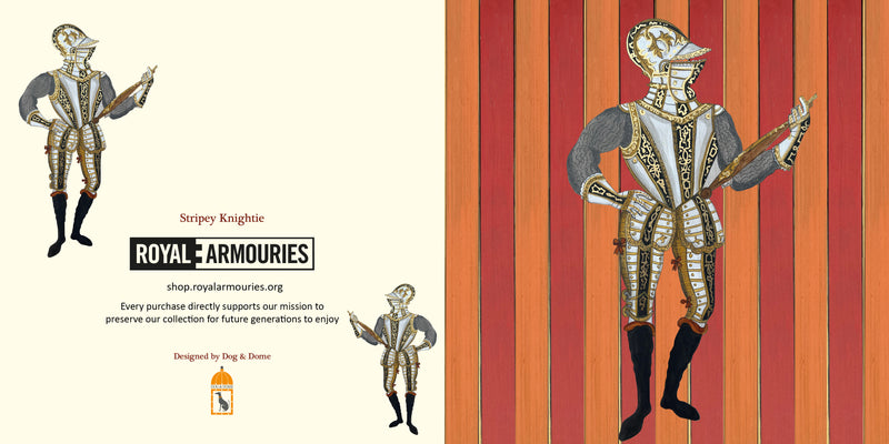 both the front and the back of the greetings card showing red and orange stripes with knights in armour
