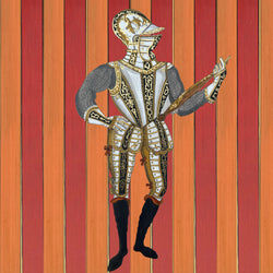 Orange and red design with knight in armour greetings card