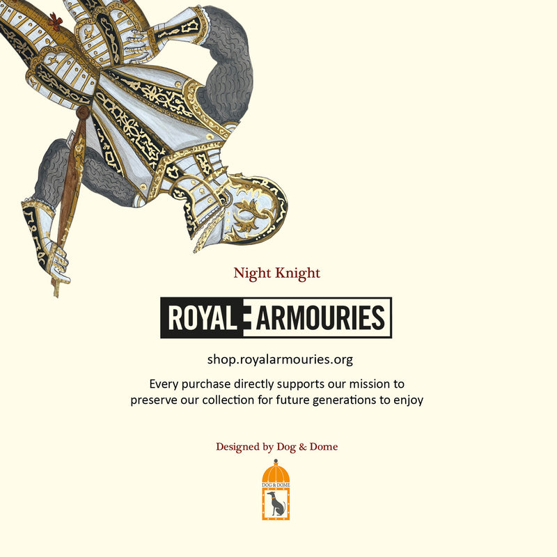 back of greetings card featuring Royal Armouries Logo and knight