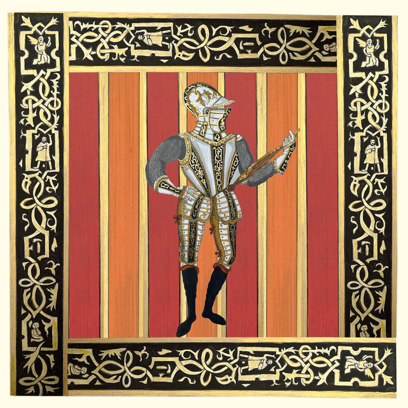 colourful knight in armour with gold detail, red gold and orange stripes.