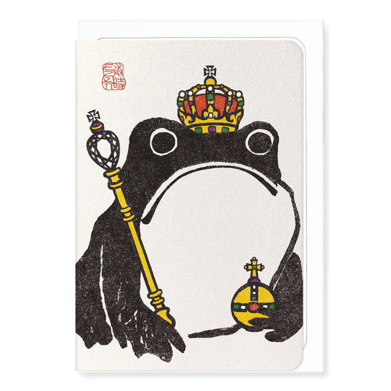 Ezen Frog with crown, sceptre and orb crown jewels on greetings card