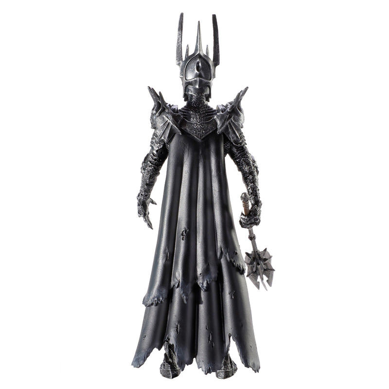 Darkly dressed figure of Sauron with ornate helmet and mace on a white background