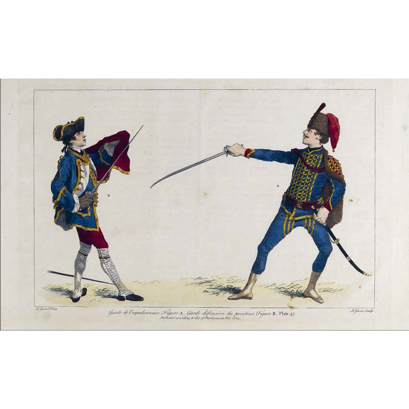 The School of Fencing: A Facsimile of Domenico Angelo’s 1765 Edition' fencers in blue and gold uniforms illustration