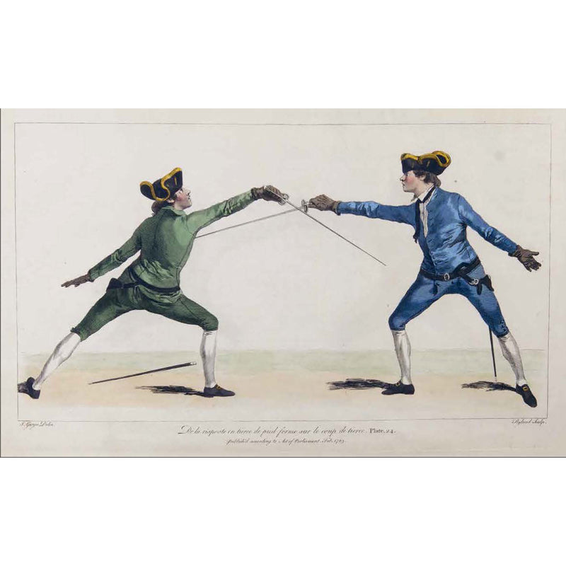 The School of Fencing: A Facsimile of Domenico Angelo’s 1765 Edition' fencers in blue and green jackets illustration
