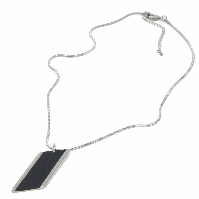 Short Large Diamond Shaped Feature Snake Chain Necklace with Black Leather Inlay Pendant detail
