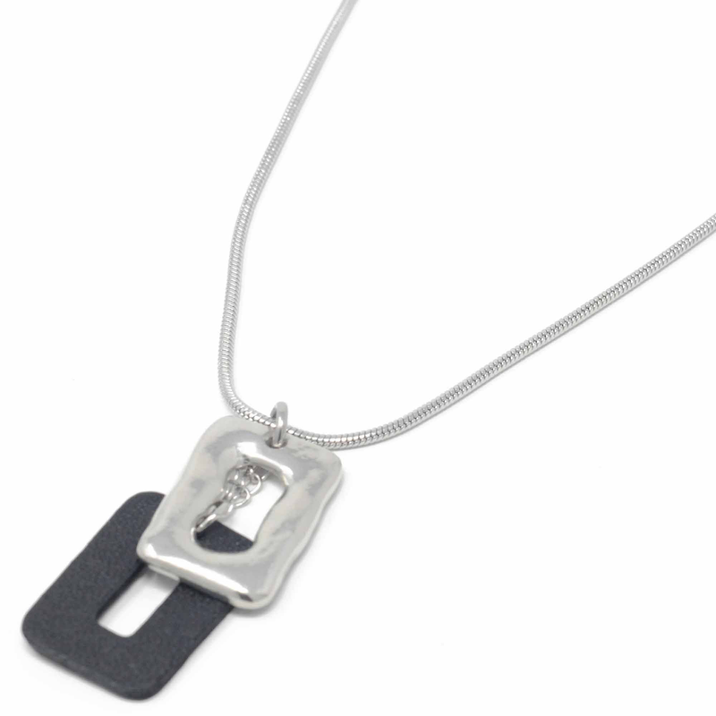 Short Snake Chain Necklace with Pewter and Black Leather Feature Pendant - pendant detail