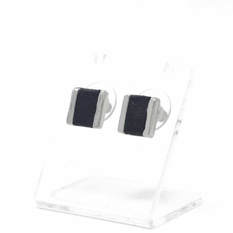 Small Pewter Square Stud with Black Leather Inlay side view on a clear acrylic display stand