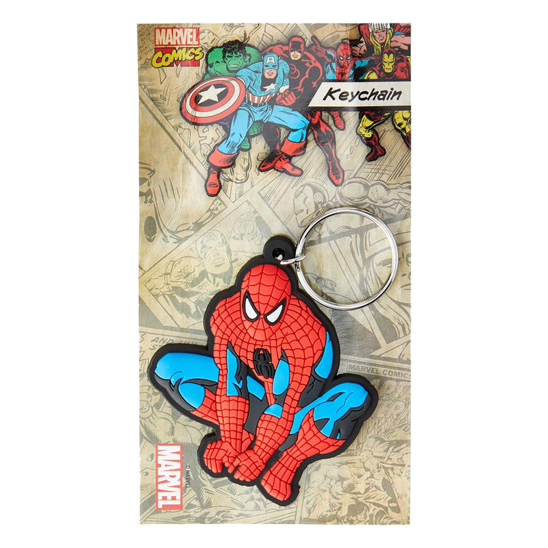 Spider-Man keychain on a Marvel comic book background
