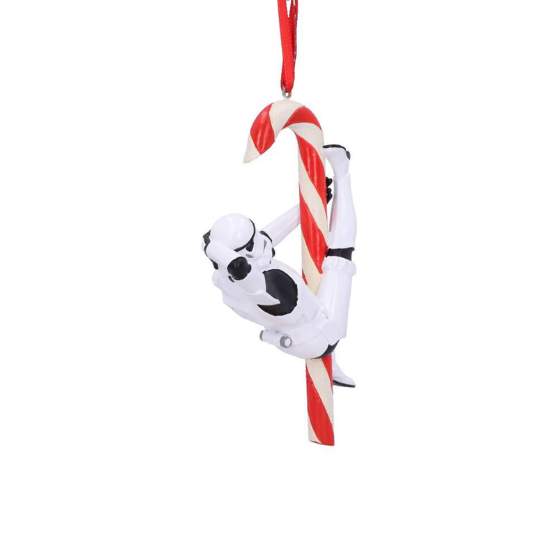 Stormtrooper posed hanging off a candy cane hanging decorative ornament back right view