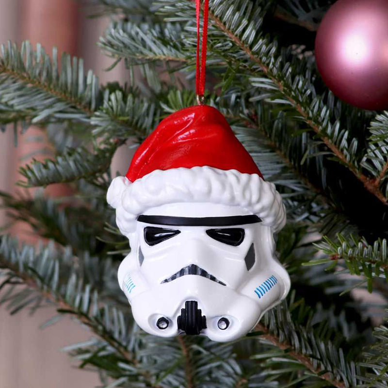 Stormtrooper Santa Hat Hanging Ornament hanging from a christmas tree