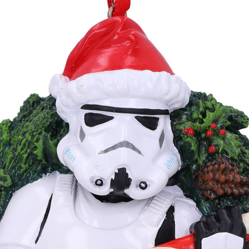 Stormtrooper Wreath Hanging Decoration Stormtrooper wearing santa hat and holding candy cane like a blaster -stormtrooper face detail