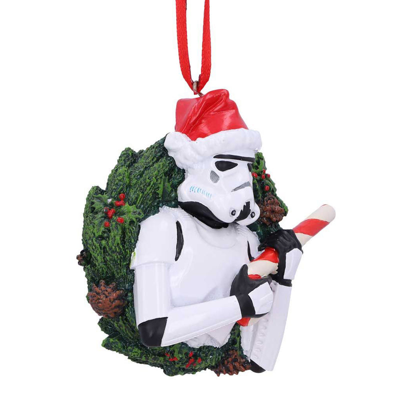 Stormtrooper Wreath Hanging Decoration Stormtrooper wearing santa hat and holding candy cane like a blaster front right side