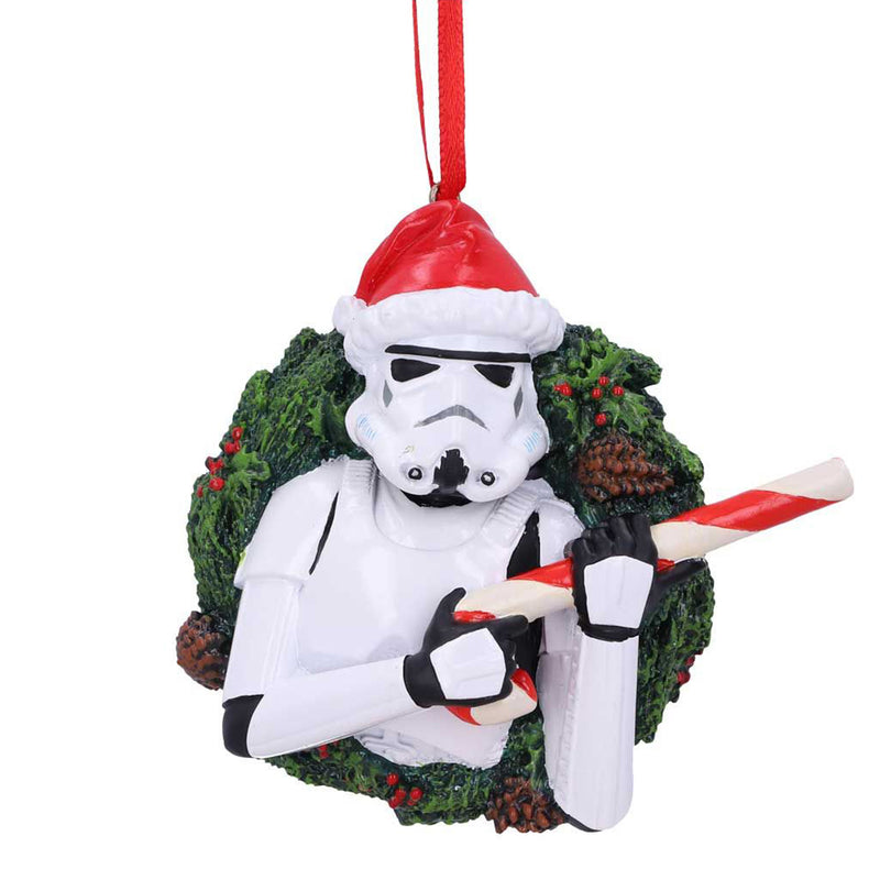 Stormtrooper Wreath Hanging Decoration Stormtrooper wearing santa hat and holding candy cane like a blaster front