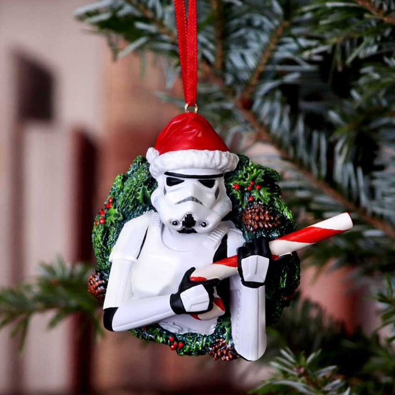 Stormtrooper Wreath Hanging Decoration Stormtrooper wearing santa hat and holding candy cane like a blaster hanging on festive tree