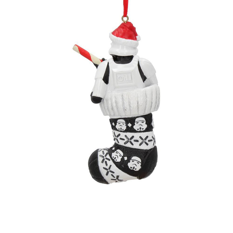 Stormtrooper in a stocking holding a candy cane like a blaster hanging decoration back view