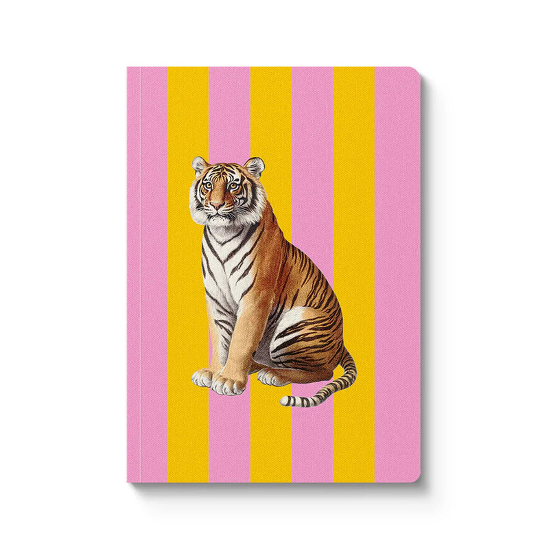 Notebook with a tiger illustration on a pink and yellow striped background