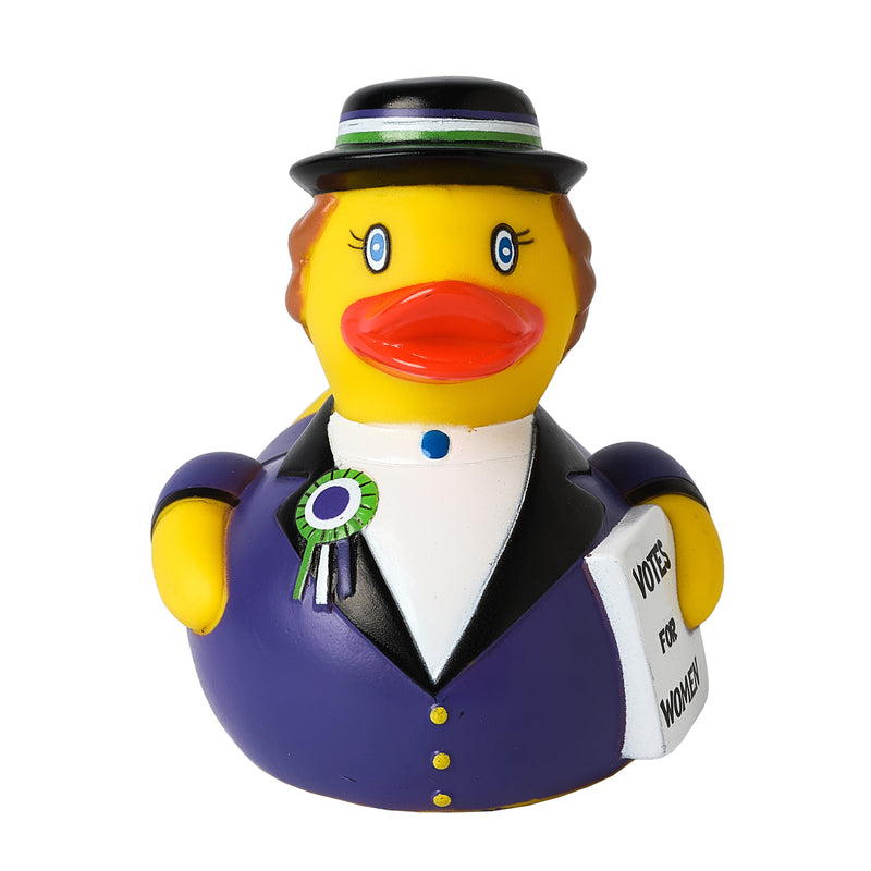 Yellow rubber duck dressed like a suffragette front