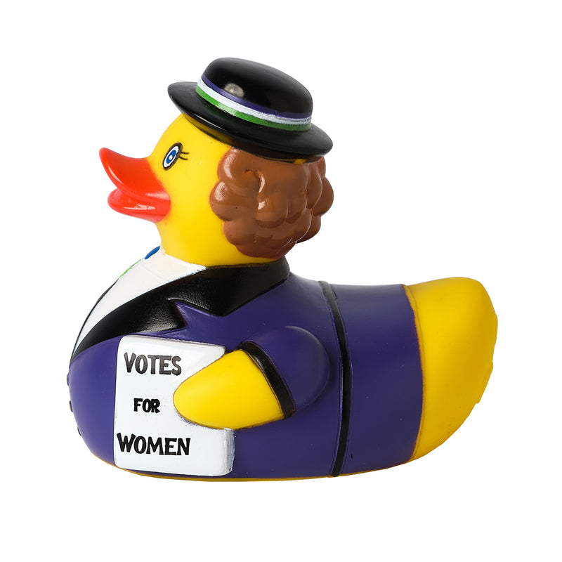 Yellow rubber duck dressed like a suffragette left side profile