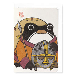 Ezen Frog in style of saxon warrior with Sutton Hoo helmet on greetings card