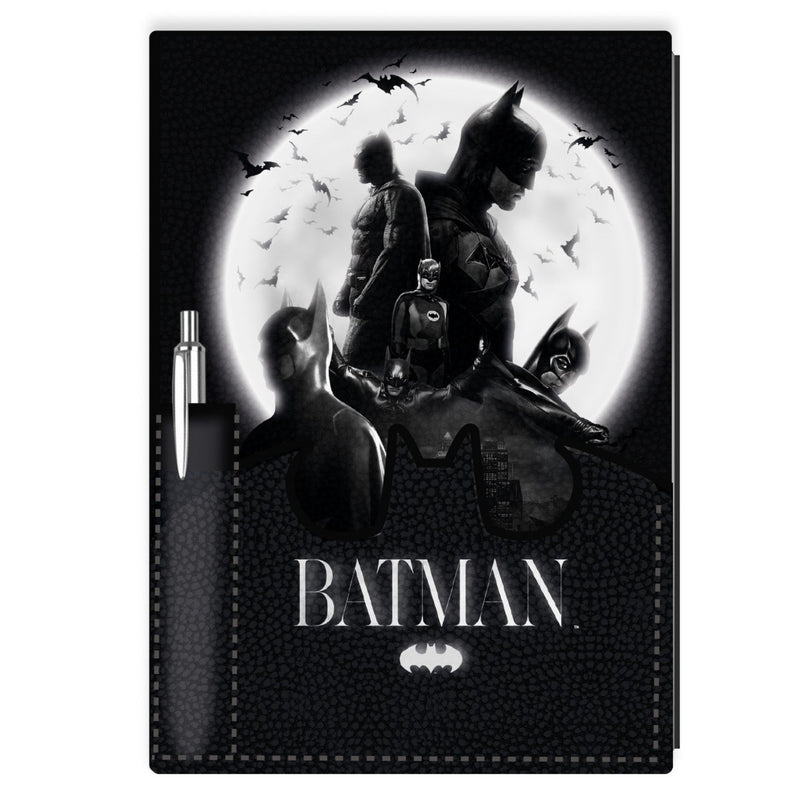 Batman notebook with a black and white illustration of Batman and a pen on a white background
