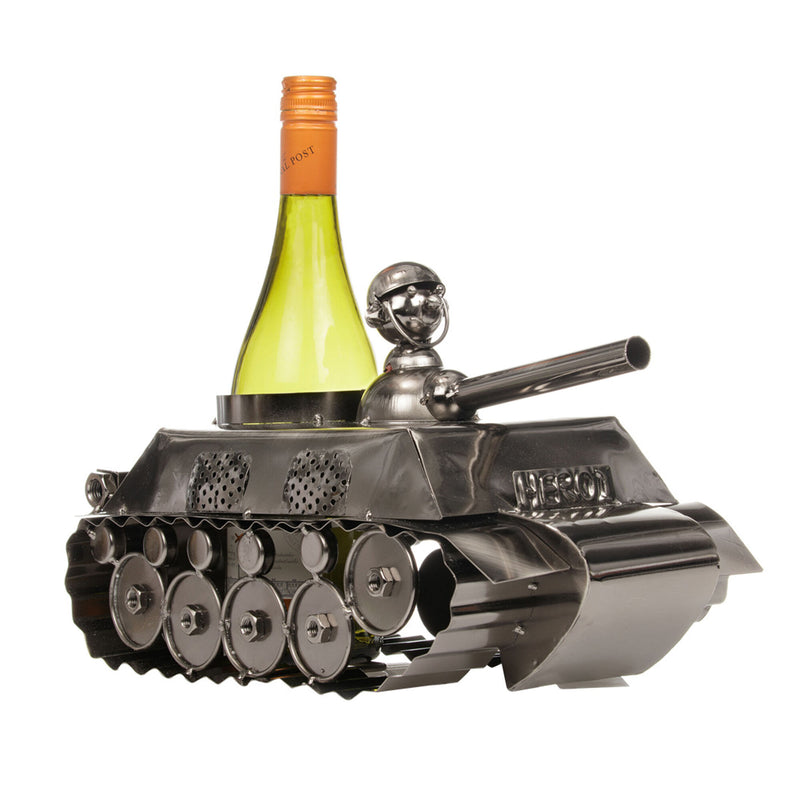 tank shaped bottle holder with bottle facing forward right