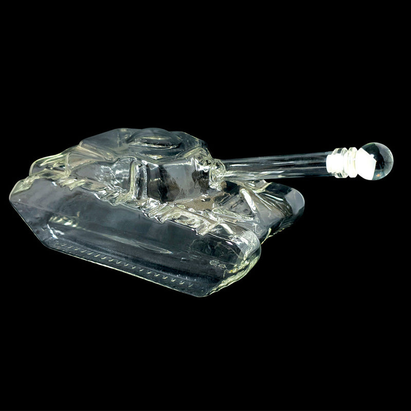 tank decanter facing to the right on a black background