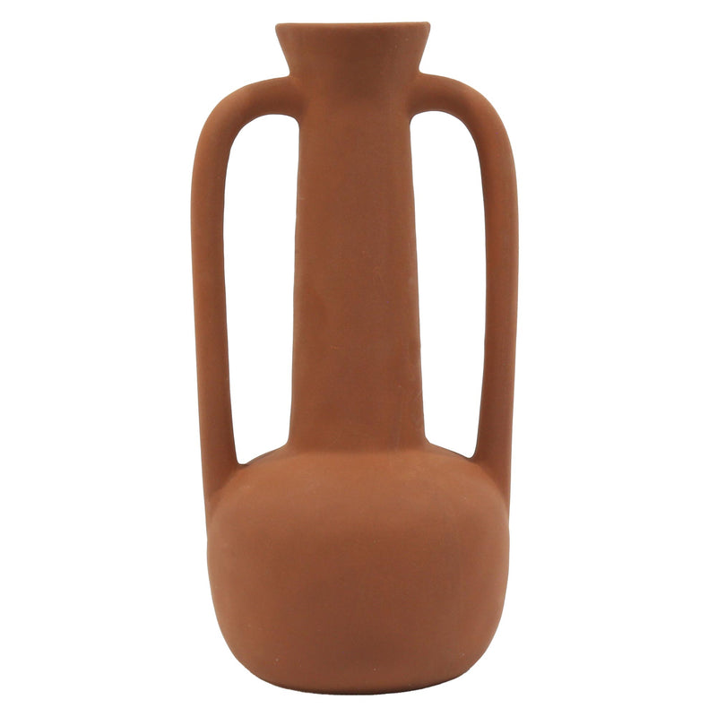 Terracotta vase with long arched handles from the front