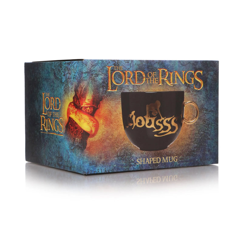 Black and gold foil Lord of the Rings mug with image of Gollum and text reading 'my preciousss' branded box
