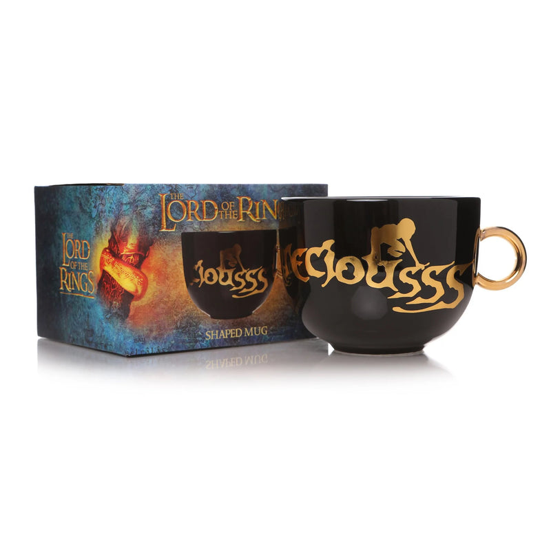 Black and gold foil Lord of the Rings mug with image of Gollum and text reading 'my preciousss' next to branded box