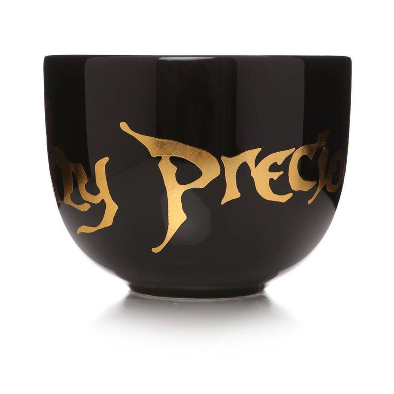Black and gold foil Lord of the Rings mug with image of Gollum and text reading 'my preciousss' front view