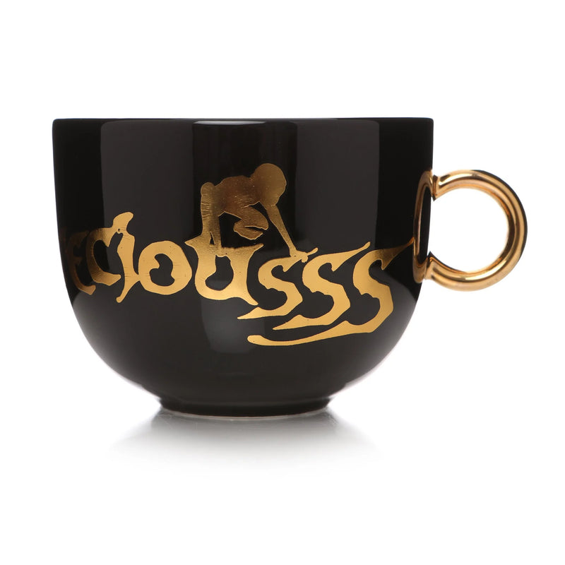 Black and gold foil Lord of the Rings mug with image of Gollum and text reading 'my preciousss' left side view