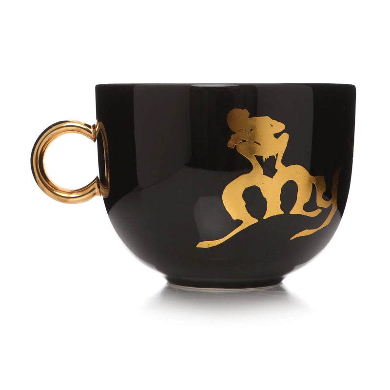Black and gold foil Lord of the Rings mug with image of Gollum and text reading 'my preciousss' right side view