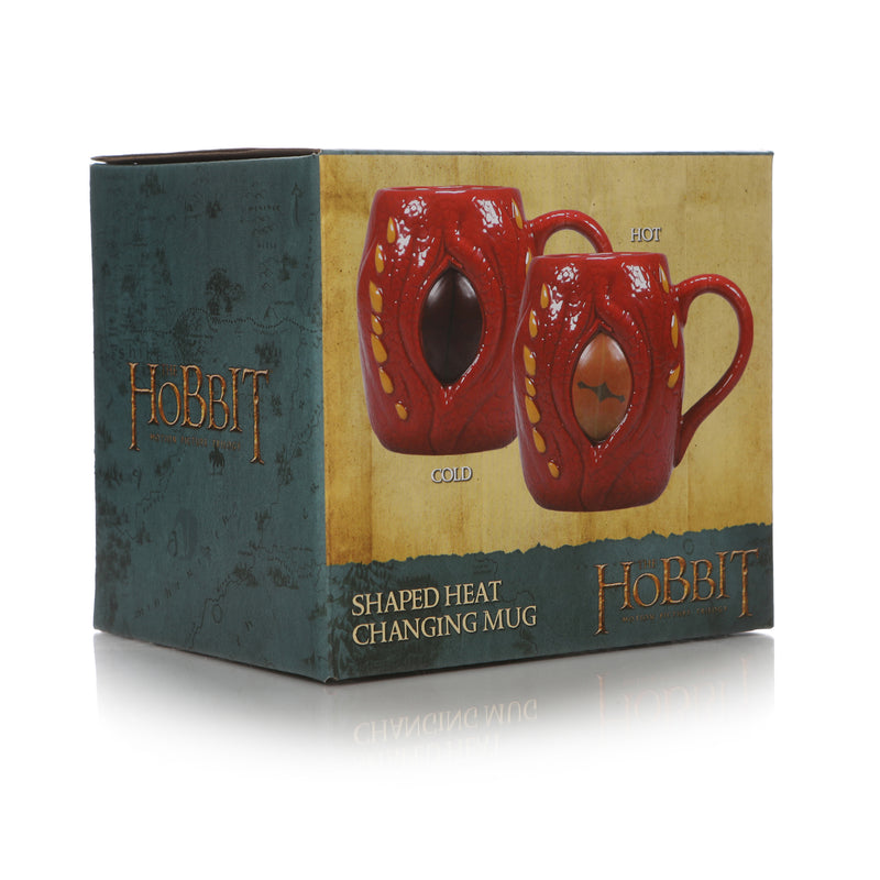 Red smaug shaped heat changing mug in its branded packaging