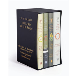 Four book boxed set of the Lord of the rings trilogy in a black box with gold writing. The books are in neutral tones with vintage style designs on them