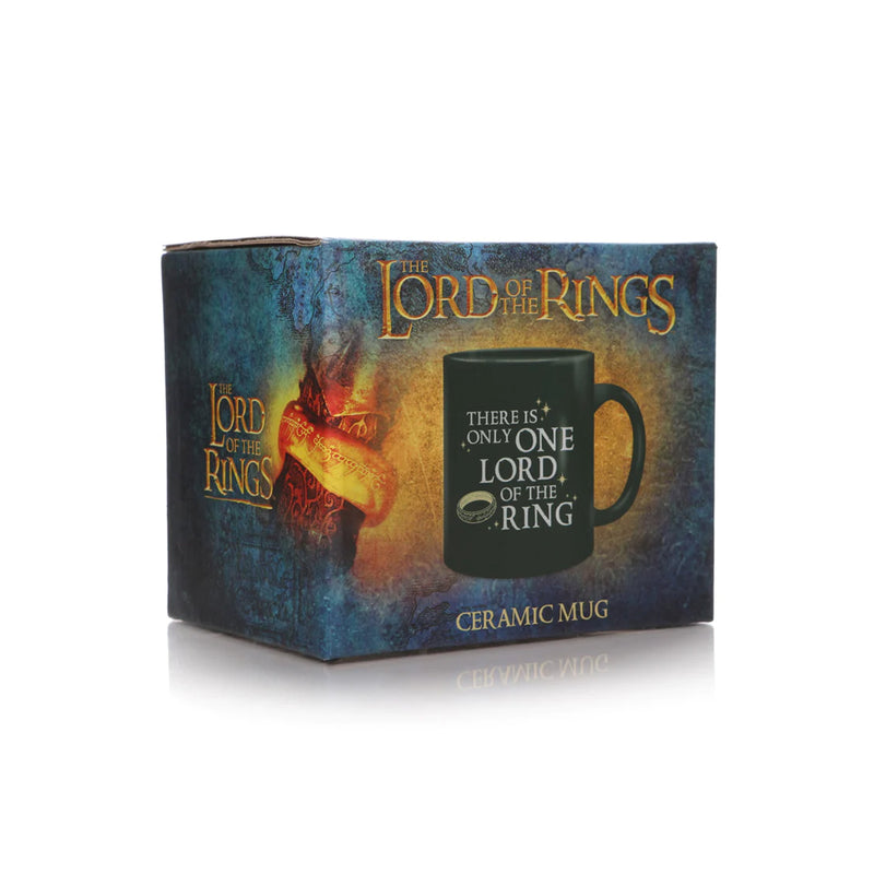 Green ceramic Lord of the Rings mug reading 'there is only one lord of the ring' branded box