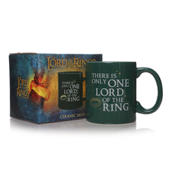 Green ceramic Lord of the Rings mug reading 'there is only one lord of the ring' next to branded box