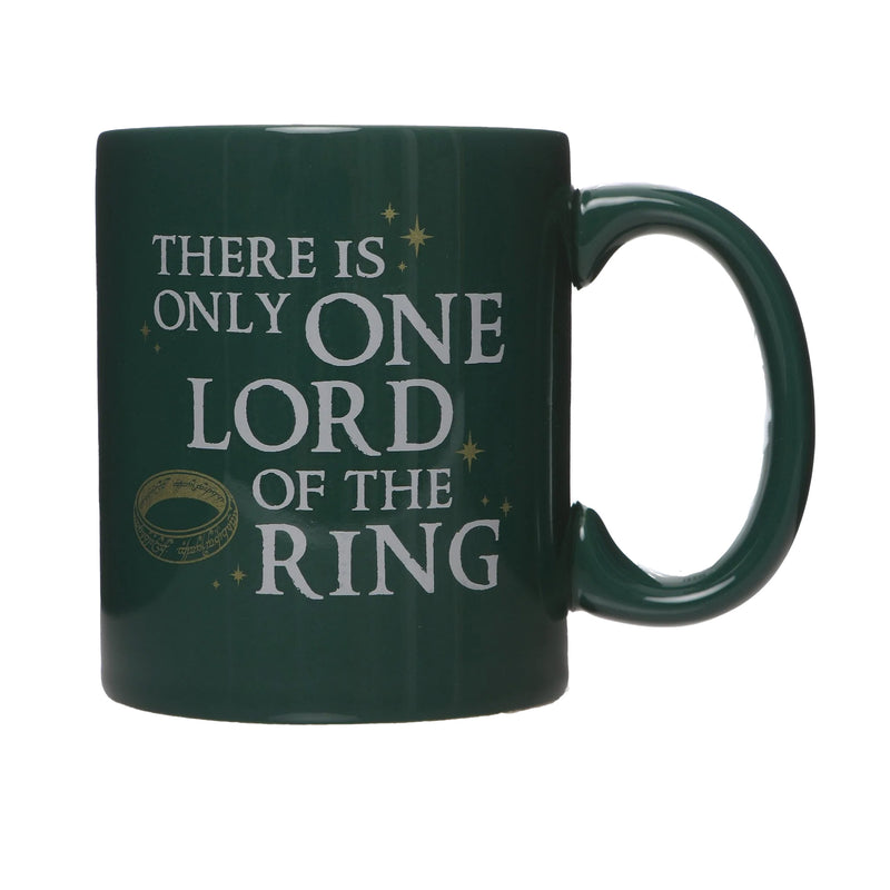 Green ceramic Lord of the Rings mug reading 'there is only one lord of the ring' left side