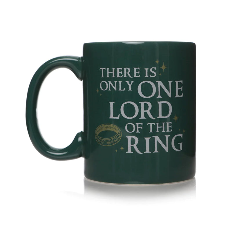 Green ceramic Lord of the Rings mug reading 'there is only one lord of the ring'